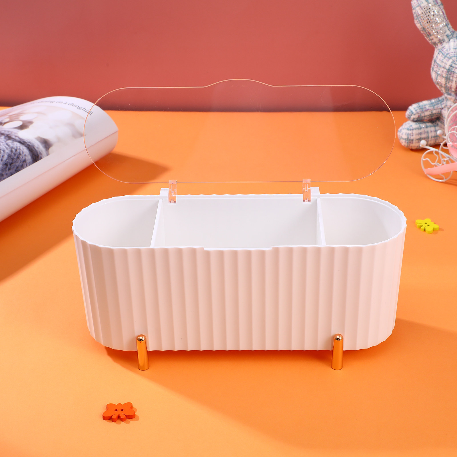 Beauty Makeup Box - 2個入り収納ボックス 3グリッドメイクアップパッドオーガナイザー 綿棒ホルダー ビューティーエッグコンテナ デスクトップオーガナイザー ダストカバー