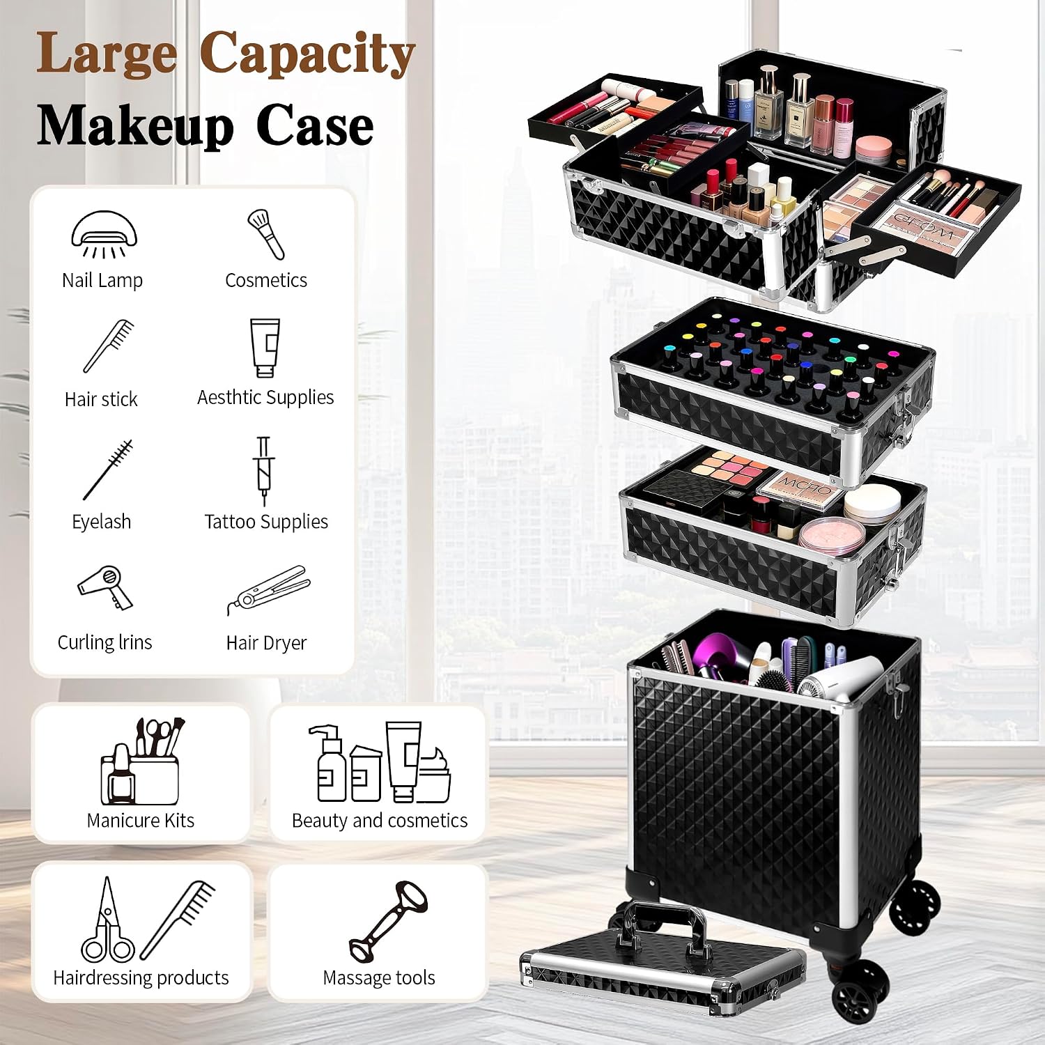 ローリングメイクアップトレインケース、コスメティックトロリー - Beauty Makeup Box のレビューと価格